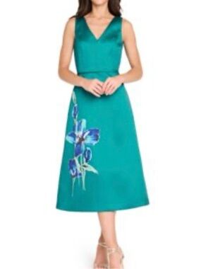 Tahari ASL Teal Midi Dress with Blue Floral Accent